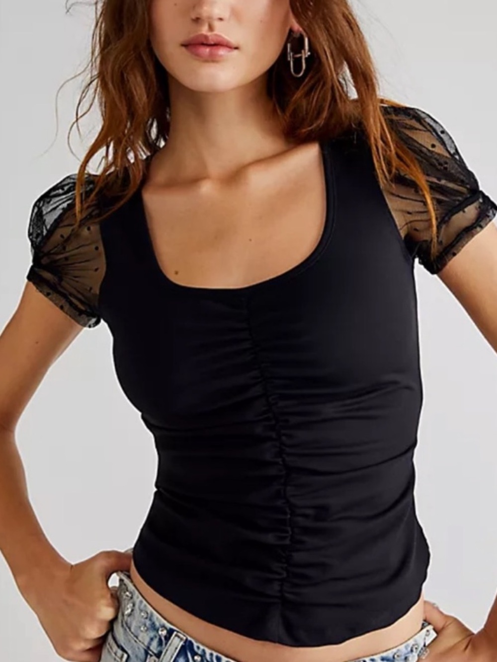 Intimately Free People Blush Up Cami Black Ruched Swiss Dot Lace Puff Sleeve-XS